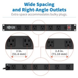 RS-1215-RA 1U Rack-Mount Power Strip, 120V, 15A, 5-15P, 12 Outlets (Right-Angled Widely Spaced), 15-ft. Cord