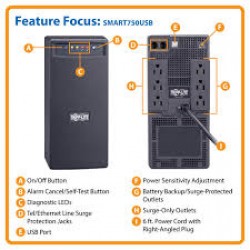 SMART750USB SmartPro 120V 750VA 450W Line-Interactive UPS, AVR, Tower, USB, Surge-only Outlets