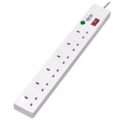 TLP6B18 6-Outlet Surge Protector - British BS1363A Outlets, 220-250V AC, 13A, 1.8 m Cord, BS1363A Plug, White