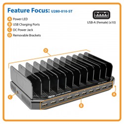 U280-010-ST 10-Port USB Charging Station with Adjustable Storage, 12V 8A (96W) USB Charger Output