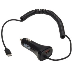 U280-C02-30W-C6 Dual-Port USB Car Charger with 30W Charging - USB-C (18W) QC 3.0, USB-A (12W), Coiled 6 ft. USB-C C