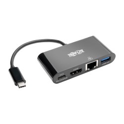 U444-06N-H4GUBC USB-C to HDMI Adapter with USB-A Hub, Gigabit Ethernet, Thunderbolt 3, 4K - PD Charging, 30 Hz, Bla