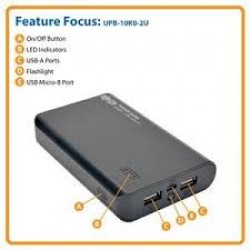 UPB-10K0-2U Portable Charger - 2x USB-A, 10,000mAh Power Bank, Lithium-Ion, LED Flashlight, Black