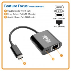 U436-06N-GB-C USB-C Gigabit Ethernet Netwerk Adapter met Power Delivery PD doorvoer